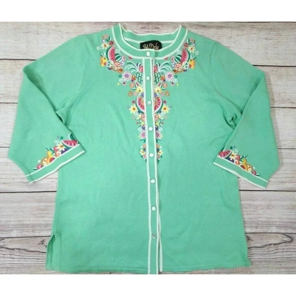 Bob Mackie Wearable Art Women's Button Up Cardigan Medium Fruit Salad Mint Green